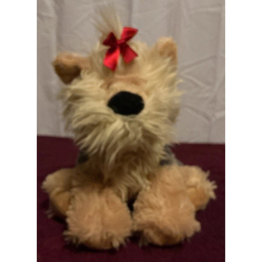 Aurora 11" Yorkshire Terrier Soft Realistic Gray And Tan With Red Bow